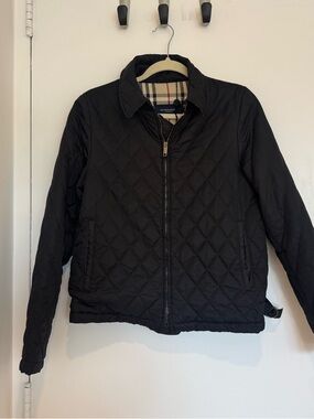 Burberry Black Quilted Zip-Front Jacket with Signature Check Collar